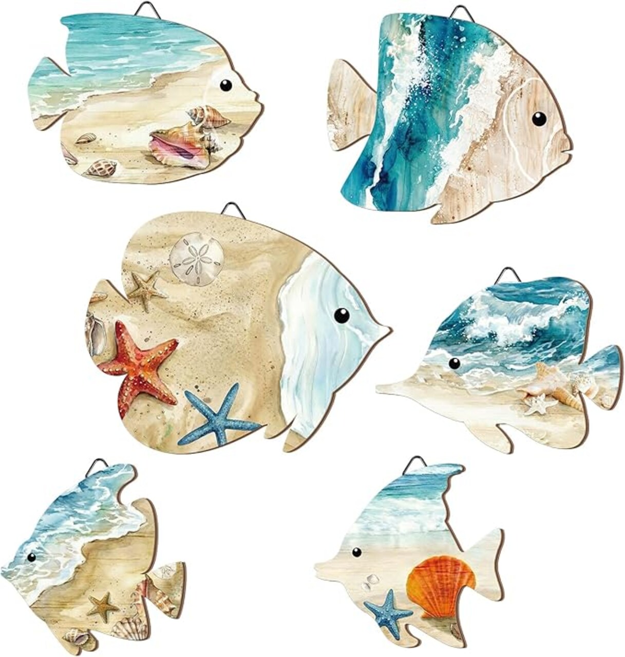 6 Pcs Wooden Fish Wall Decor Fish Wall Art Beach Theme Art Decorations Vintage Coastal Ornaments with Hook for Summer Pool Home Lake House Bathroom Garden Indoor Outdoor